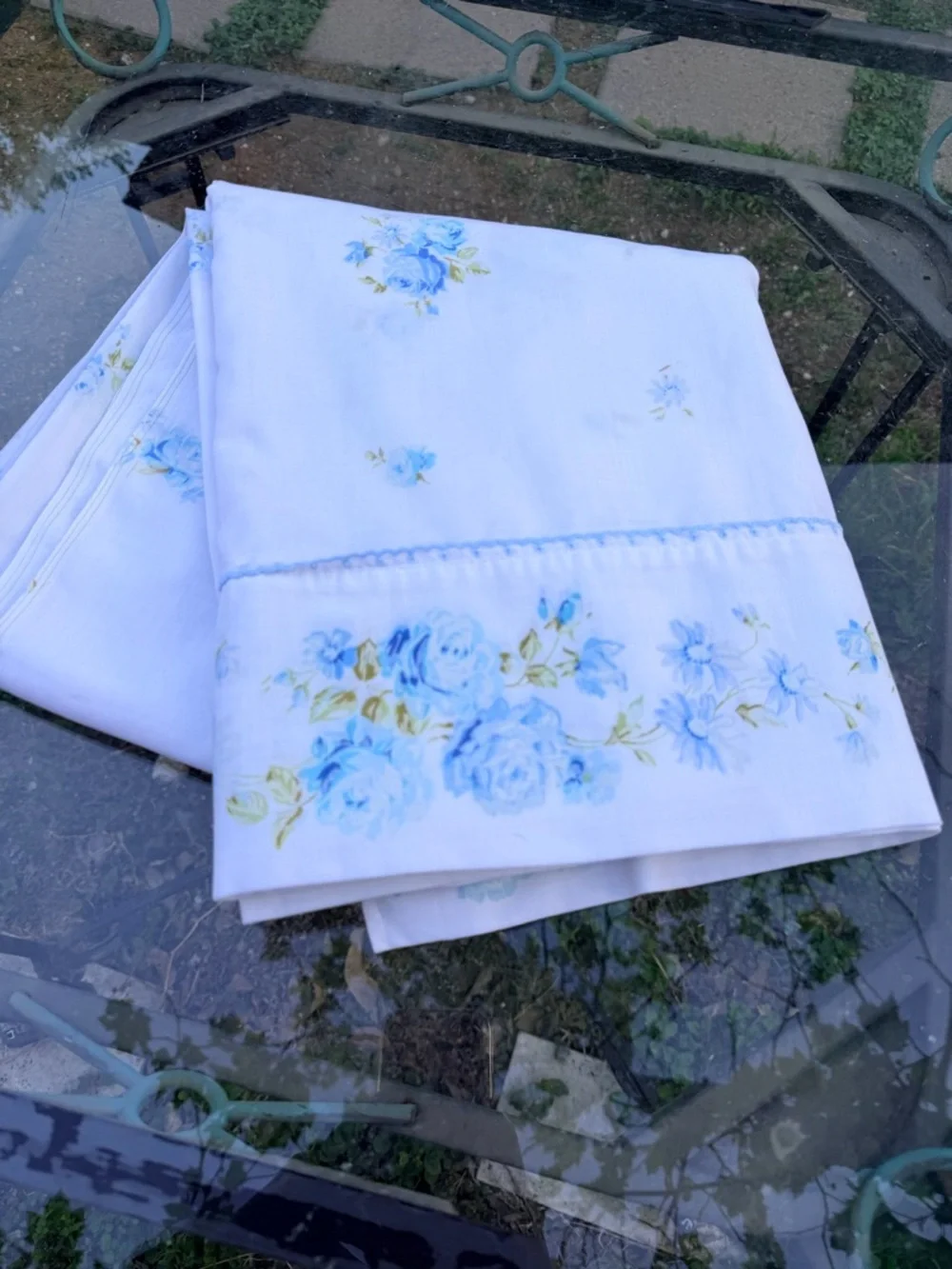 Vintage Blue Floral Flat Sheet Cottagecore‎ Bedding Shabby Chic Fabric Full size